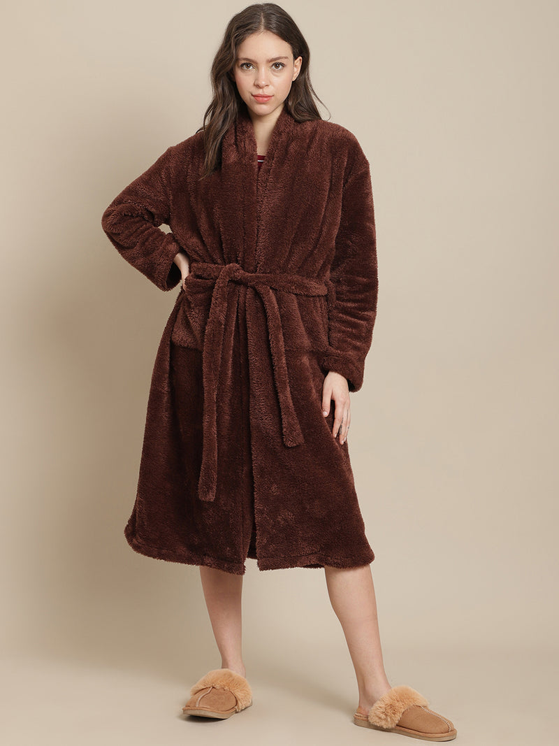 Secret Wish Women Brown Faux Fur Winter Lounge Robe