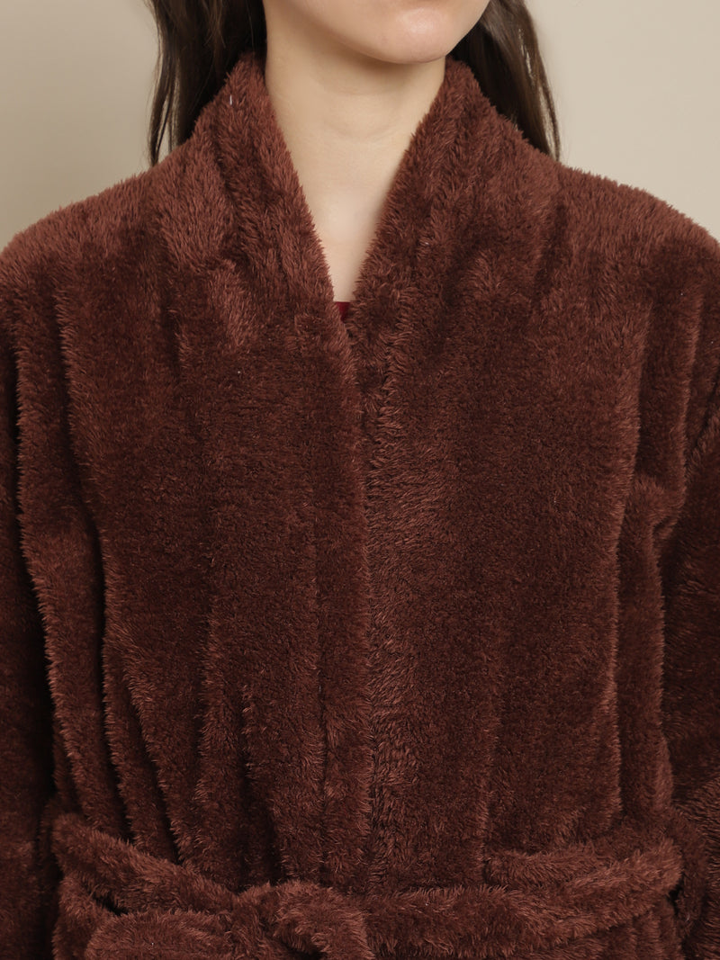 Secret Wish Women Brown Faux Fur Winter Lounge Robe