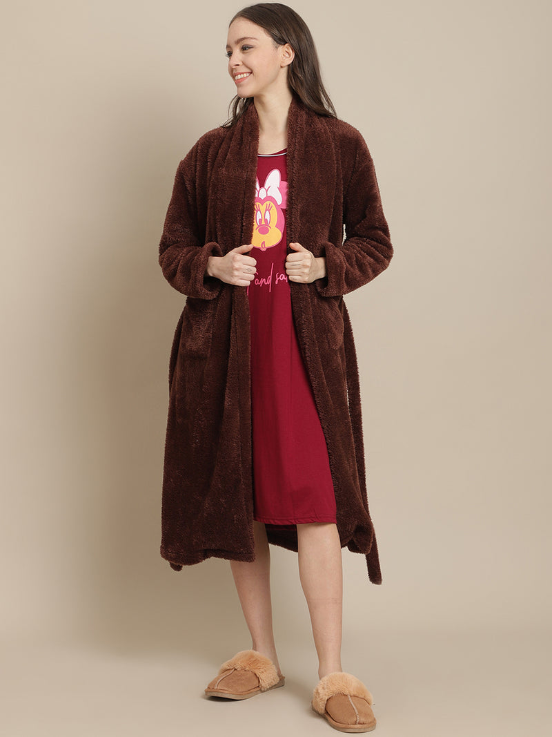 Secret Wish Women Brown Faux Fur Winter Lounge Robe