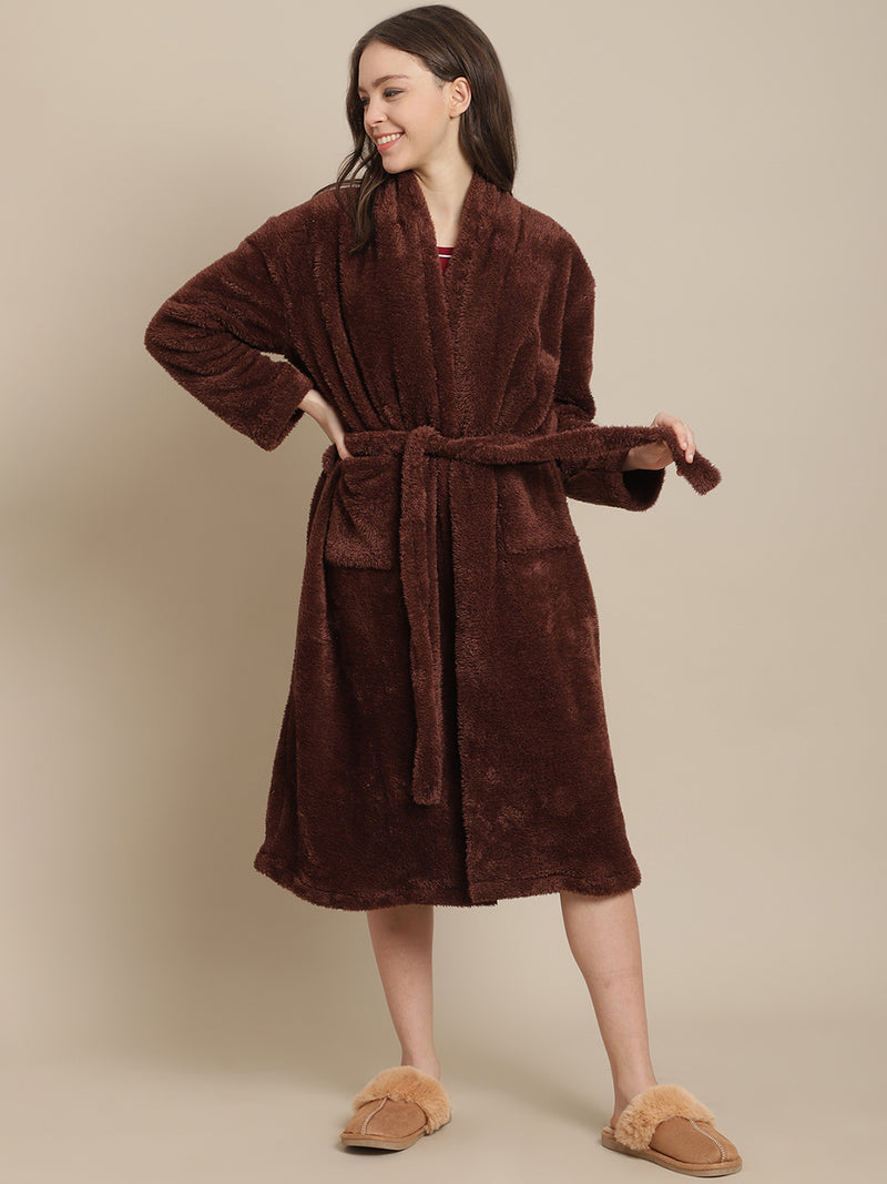 Secret Wish Women Brown Faux Fur Winter Lounge Robe