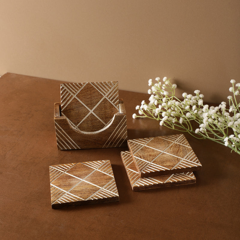 Carved Wooden Coasters- Set of 4