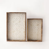 Carved White Wooden Tray- Set of 2