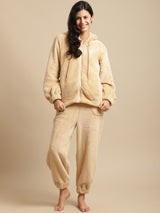 Secret Wish Women Beige Faux Fur Winter Night Suit