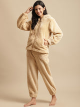 Secret Wish Women Beige Faux Fur Winter Night Suit