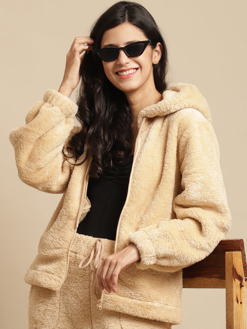 Secret Wish Women Beige Faux Fur Winter Night Suit