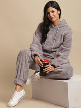 Secret Wish Women Grey Faux Fur Winter Night Suit