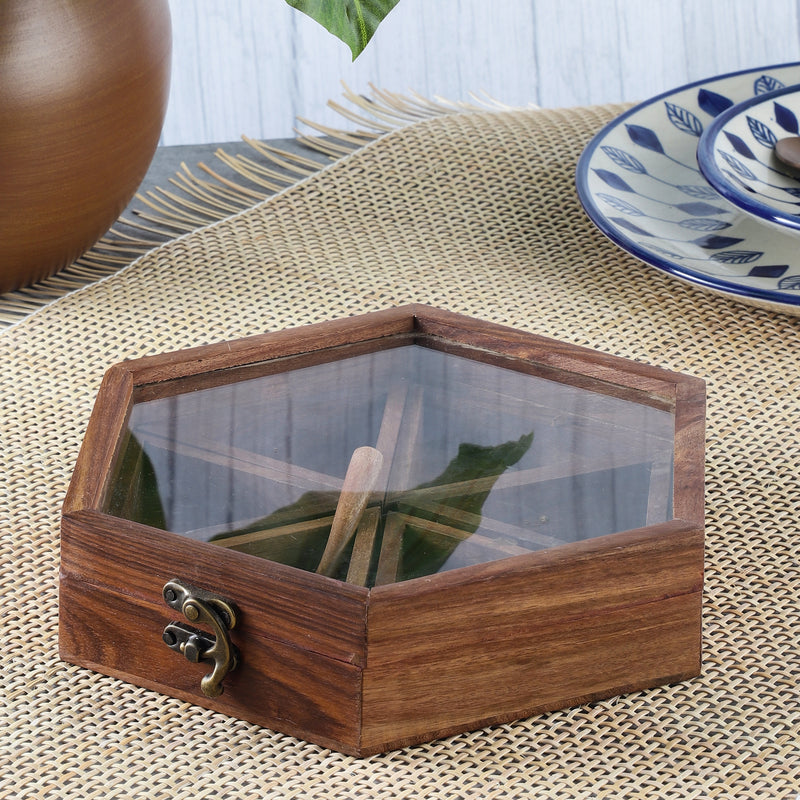 Wooden Spice Box with Spoon- 6 Part