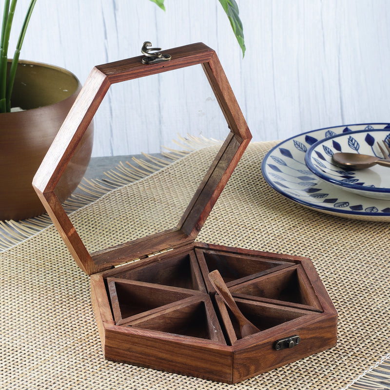 Wooden Spice Box with Spoon- 6 Part