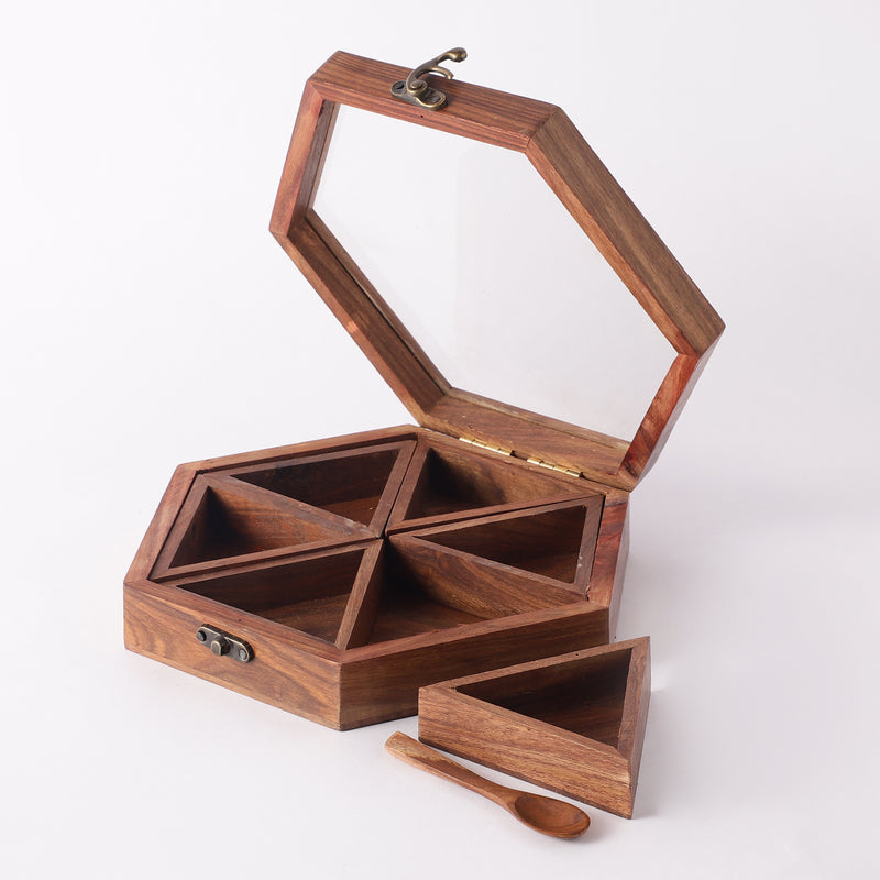 Wooden Spice Box with Spoon- 6 Part