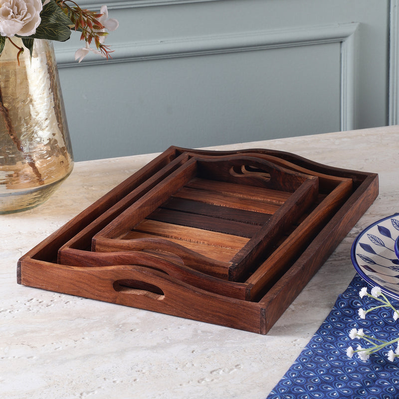 Light Burnt Wooden Tray-Set of 3