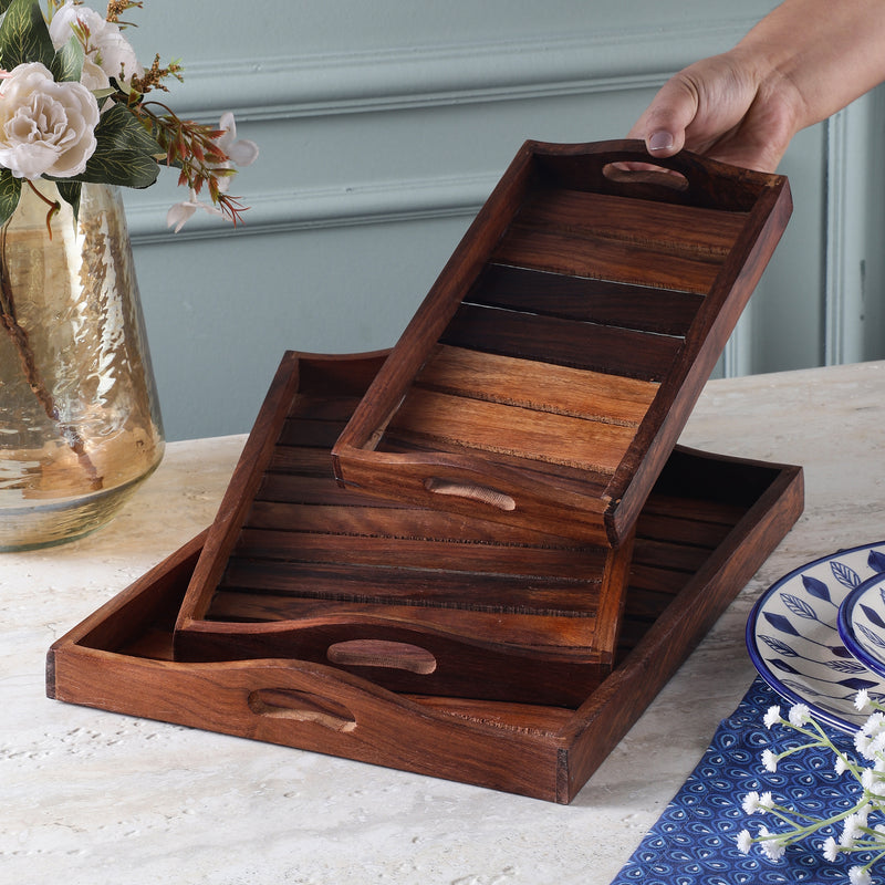 Light Burnt Wooden Tray-Set of 3