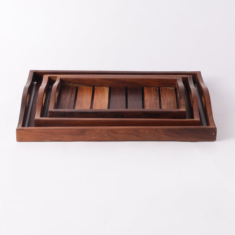 Light Burnt Wooden Tray-Set of 3