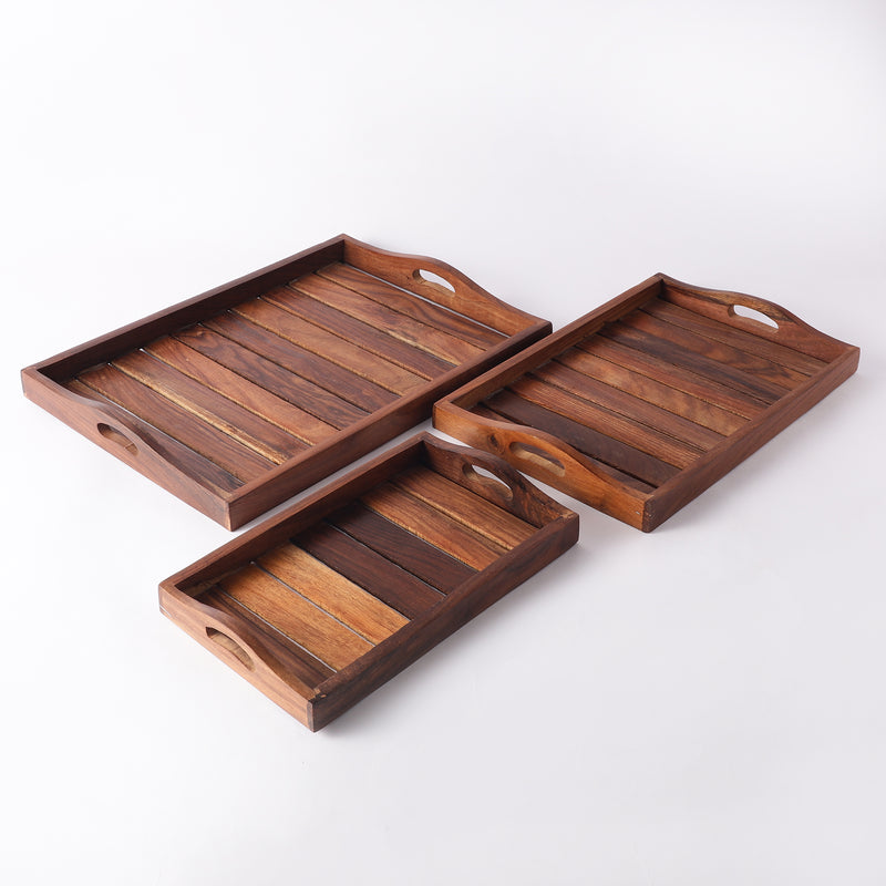 Light Burnt Wooden Tray-Set of 3